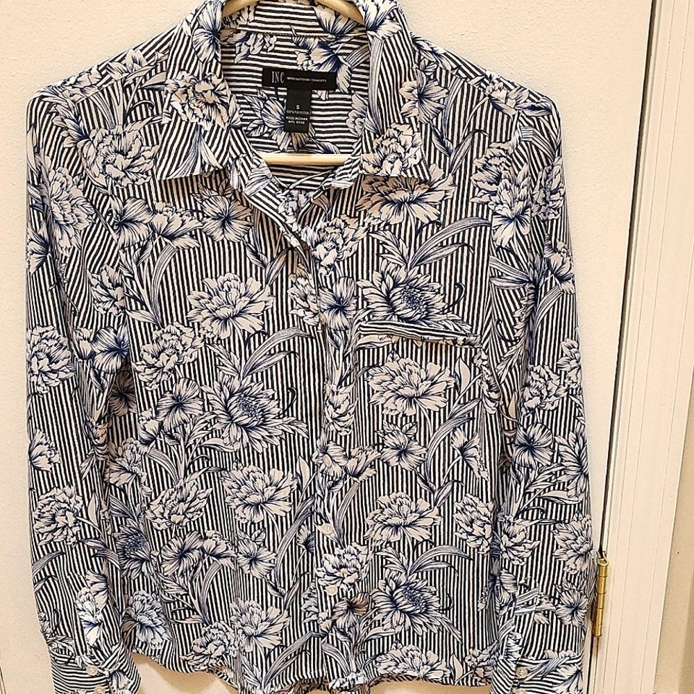 INC blue and white blouse size small